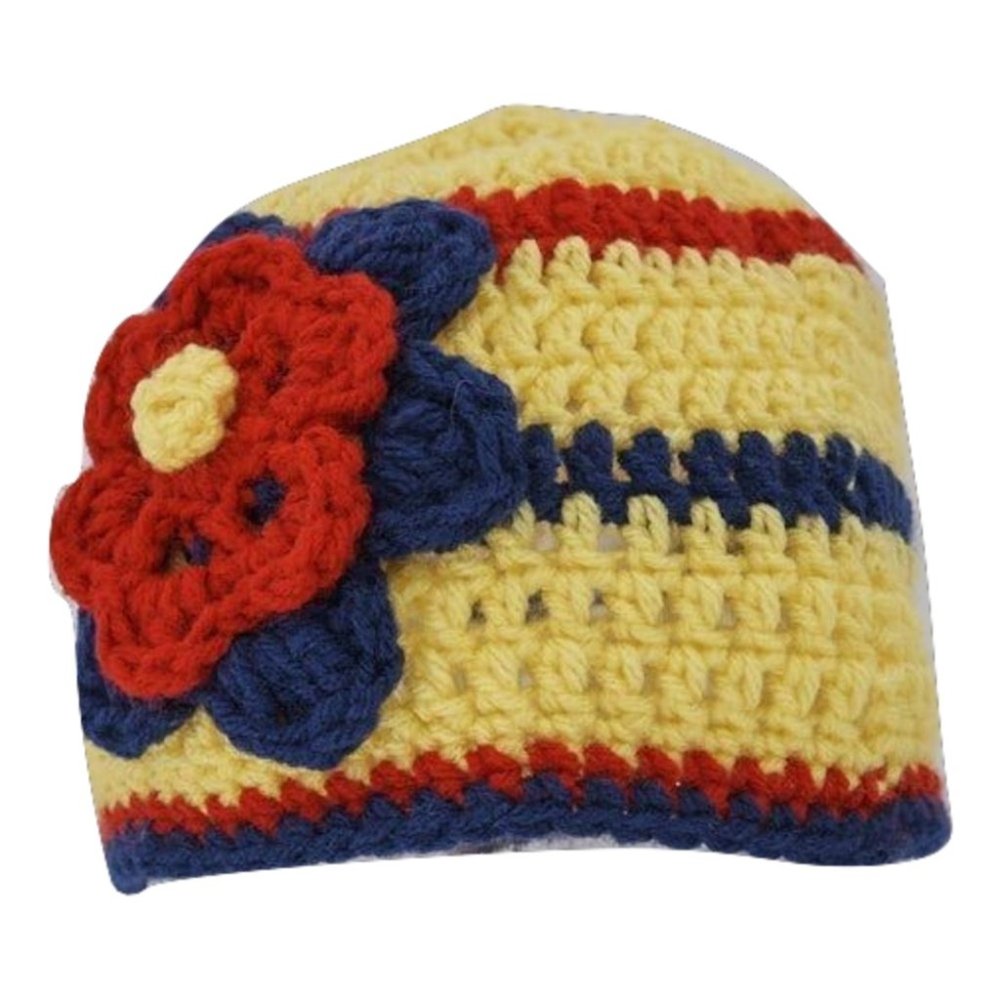 Women’s Homemade Hand Crocheted Yellow Blue & Red Flower Beanie Winter Hat